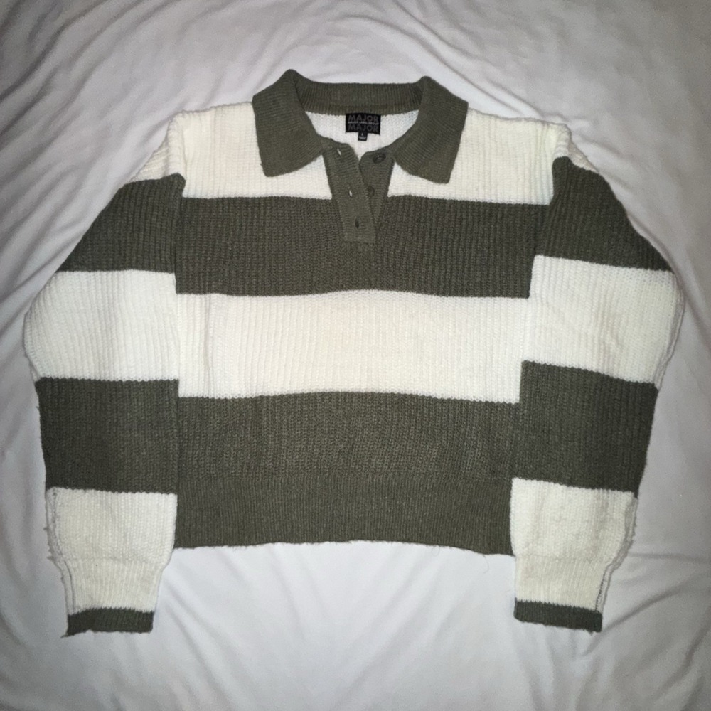 Major Label Group Polo Sweater Women L Olive Green Striped Henley Knit Pullover